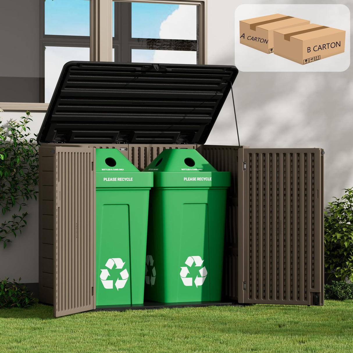 ZZM Large Outdoor Storage Shed, 48 Cu Ft Resin Versatile Storage Cabinet for Patio Accessories, Trash Cans & Garden Tools, Durable Horizontal Storage Box with Lockable Lid (Coffee) ZZM