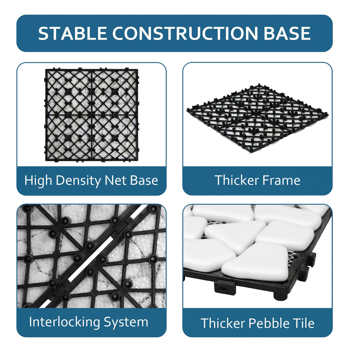 SUNWINGS 4PCS Natural Stone Interlocking Deck Tiles 12"x12" Pebble Waterproof Patio Deck, Outdoor Indoor Floor Decking Tiles for Porch Poolside Balcony Backyard, White sunwings