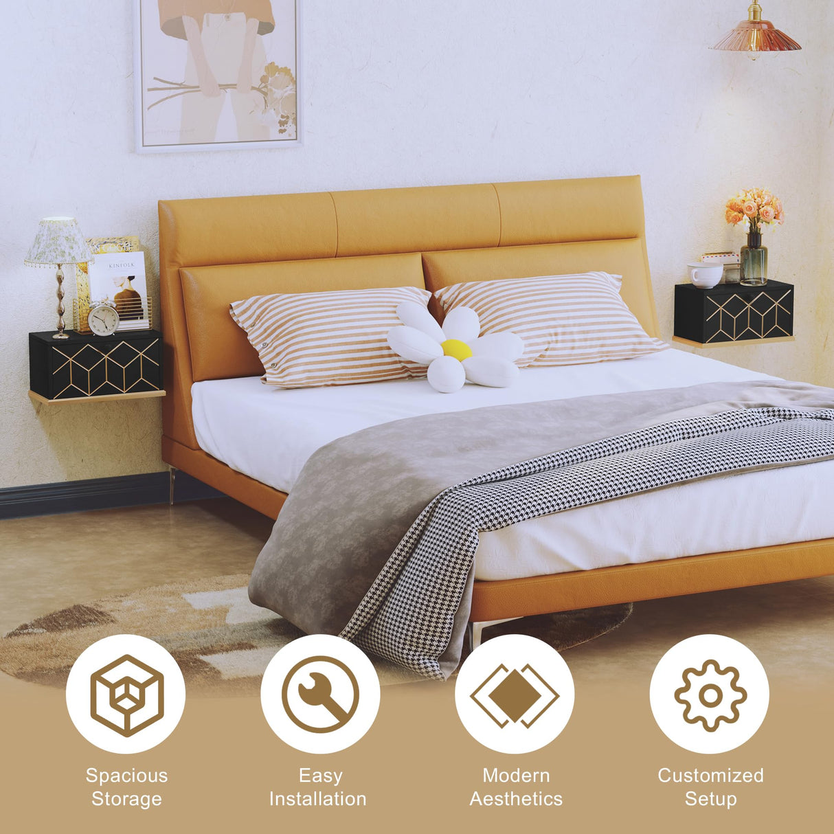 HLR Floating Nightstand, Small Nightstand with Flap Door, Morden Wall Mounted Nightstand for Bedrooms, Black HLR