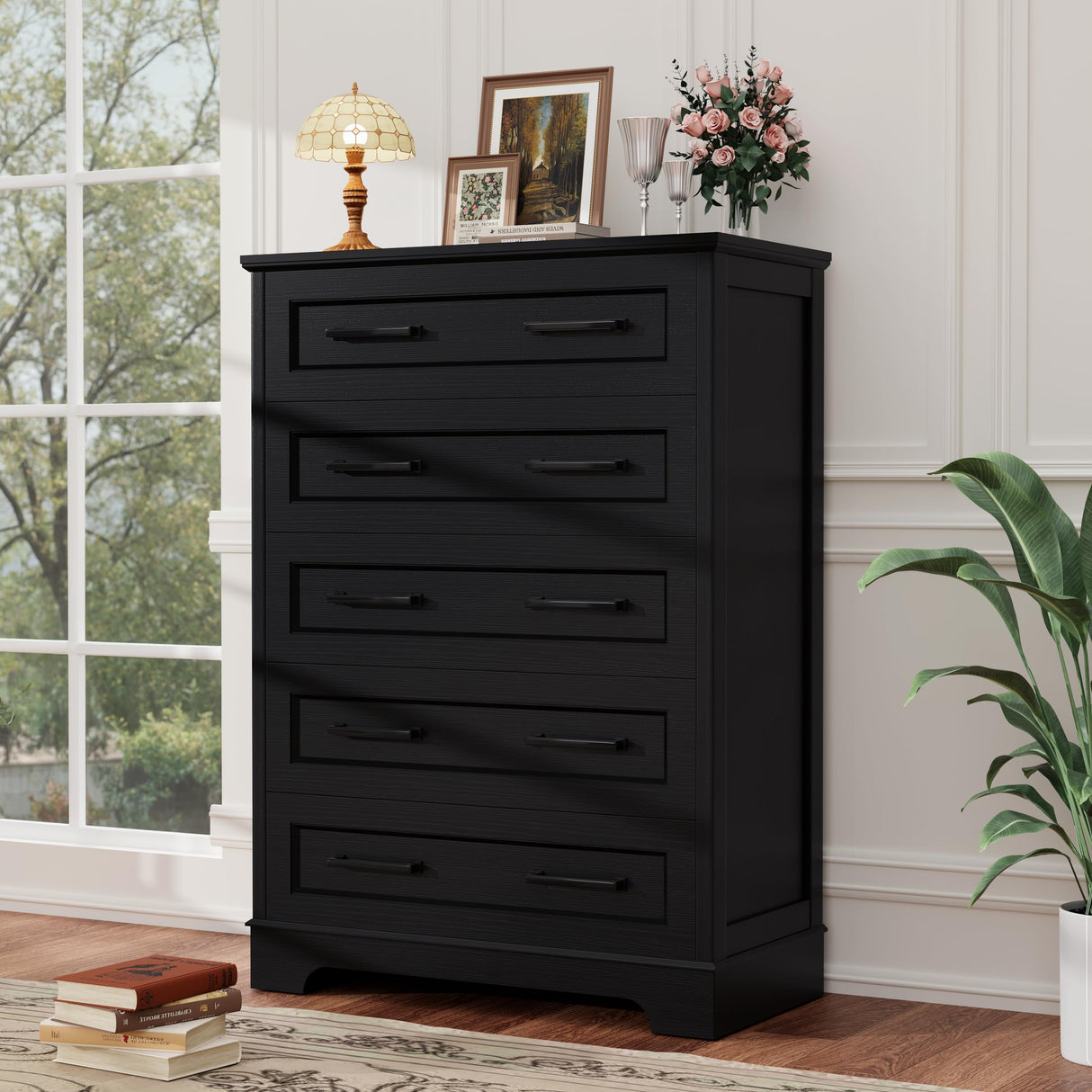YESHOMY Tall Dresser for Bedroom,Farmhouse 5 Drawers Dresser, Chest of Drawer Chest, Multi-Tier Clothing Storage Cabinet, Black