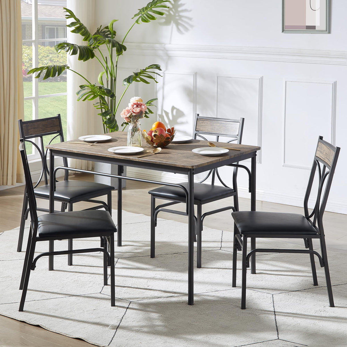 VECELO Kitchen Dining Room Table Set with 4 Chairs for Small Space, Apartment,Metal Steel Frame VECELO