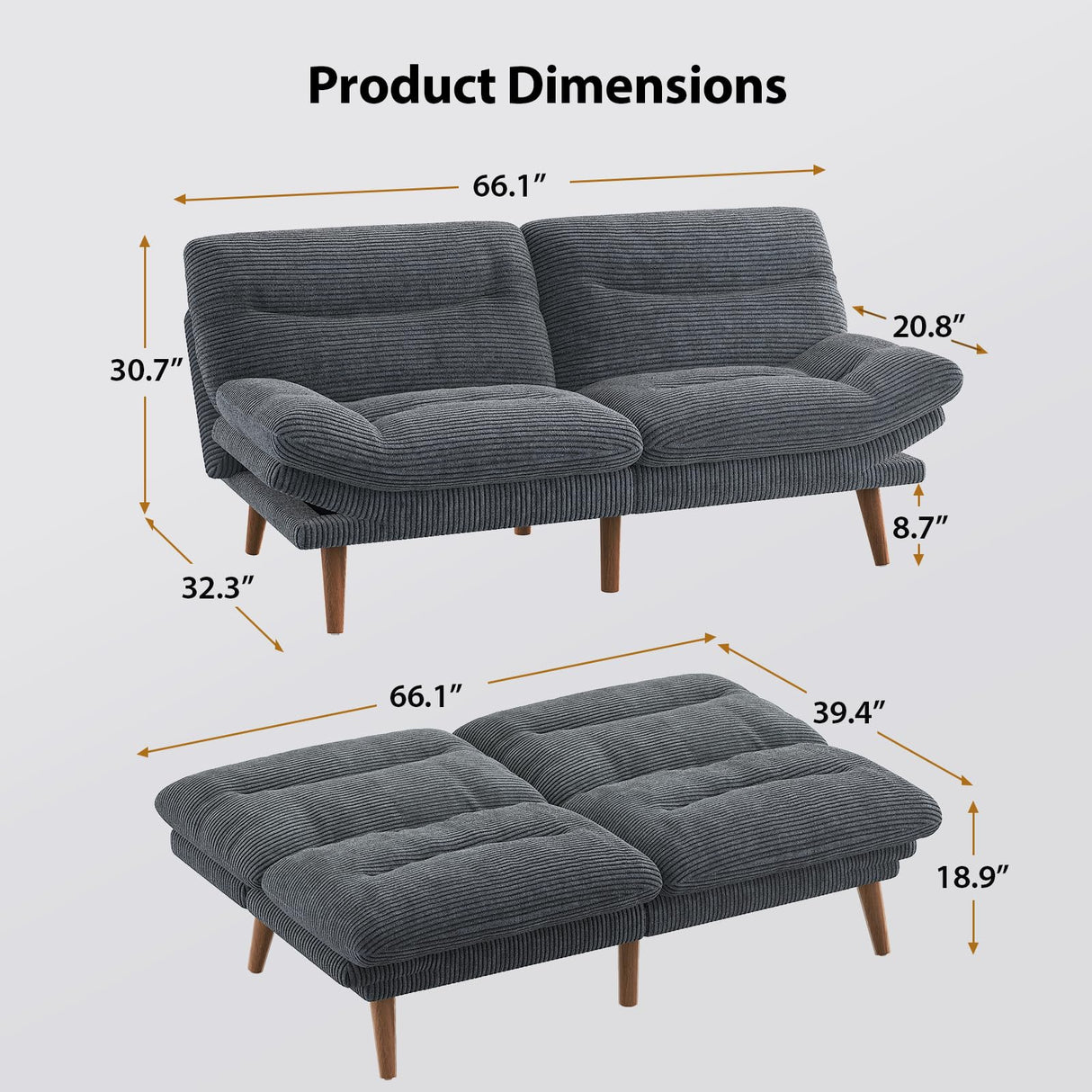 Pipishell Futon Sofa Bed, Corduroy Futon with Adjustable Backrest and Armrests, Convertible Futon Sofa Couch with Wood Frame for Small Spaces, Living Room or Office,Gray Pipishell