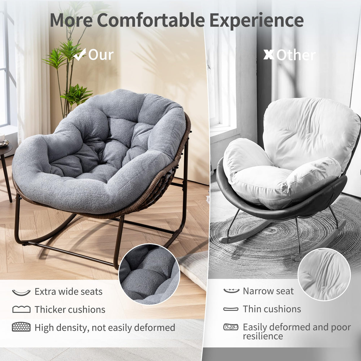 HOMEFUN Outdoor Patio Rocking Chairs, Oversized Papasan Rock Chair Indoor with Teddy Padded Cushion - Rocker Egg for Front Porch, Garden, Backyard Dark Gray HOMEFUN
