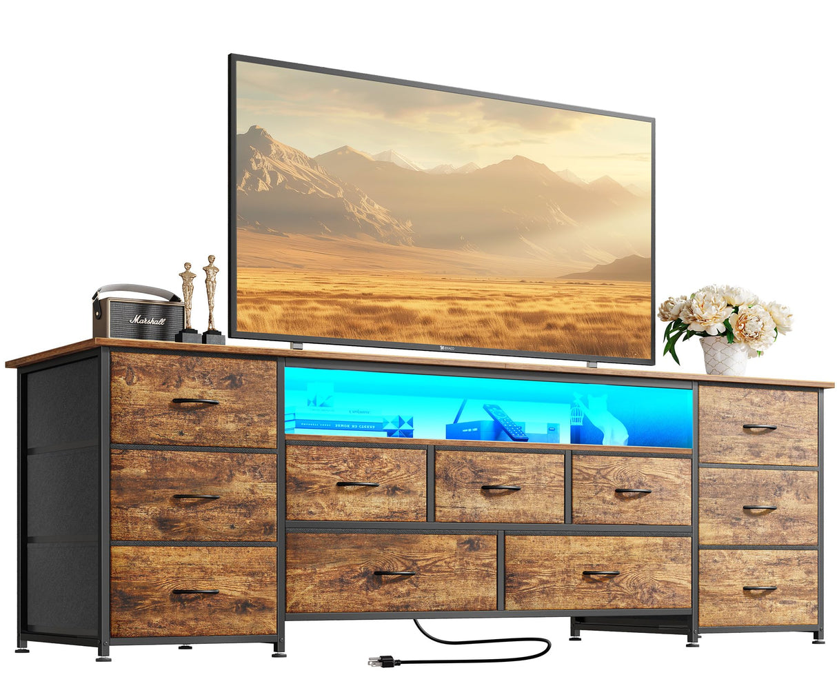 Huuger 63 Inch TV Stand for 65, 70 Inch TV, 11 Drawer Long Dresser with Power Outlets and LED Lights, Entertainment Center with Storage, Rustic Brown Dresser with PU Leather Surface Huuger