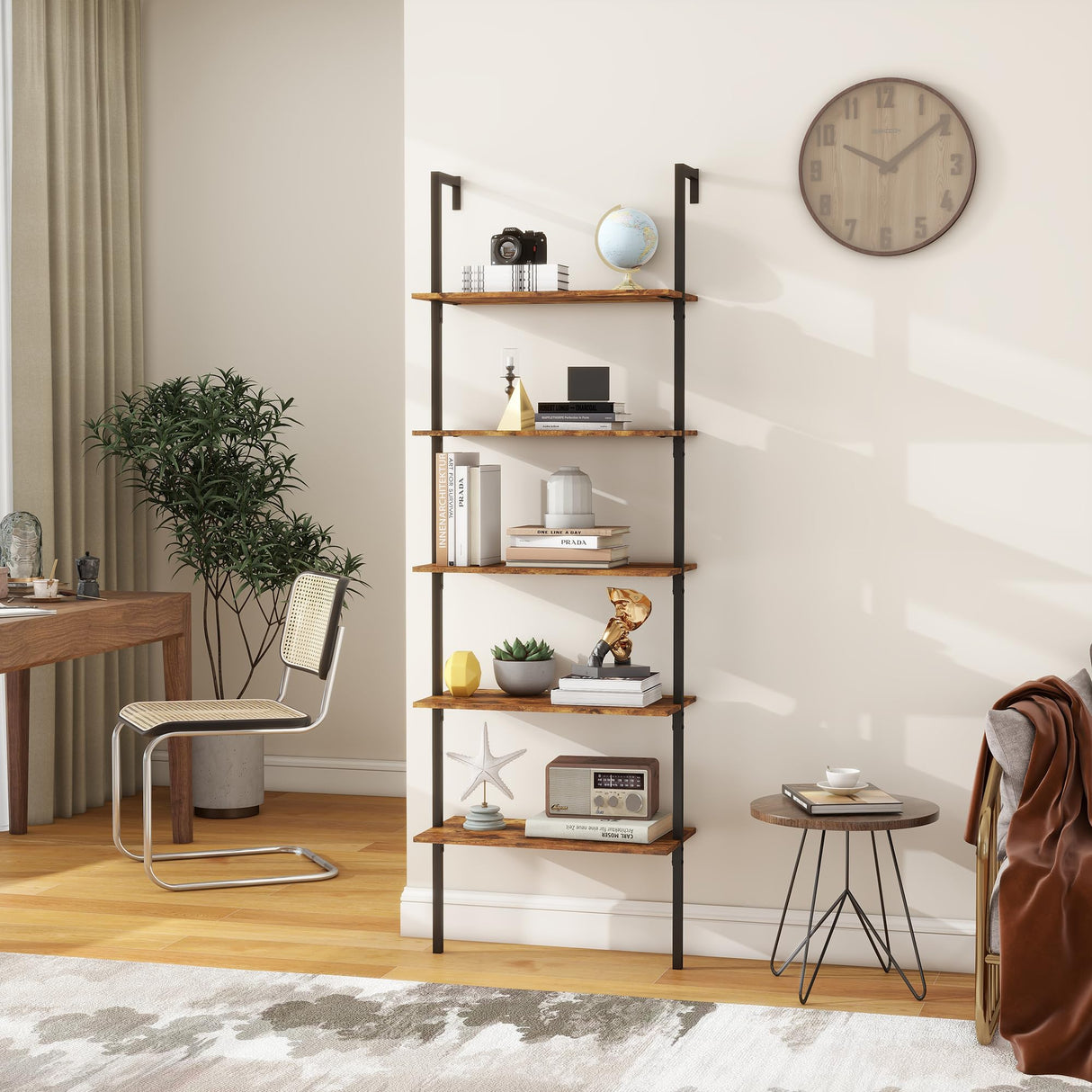 Panana Industrial 5 Tier Ladder Shelf, Open Space Book Shelf Wall Mount Bookshelf with Metal Frame Sturdy Bookcase for Living Room (Brown, 5 Tier) Panana