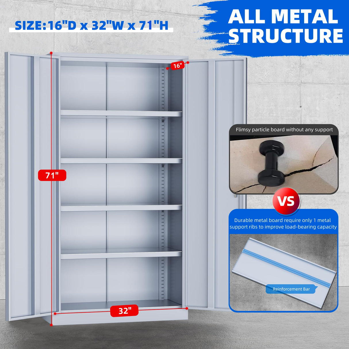 Superday Metal Storage Cabinet 71"×32"×16", Tall Storage Cabinet with 2 Doors and 4 Shelves, Large Metal Steel Utility Cabinet for Home Office, Garage, File Bathroom Pantry (Grey) Superday