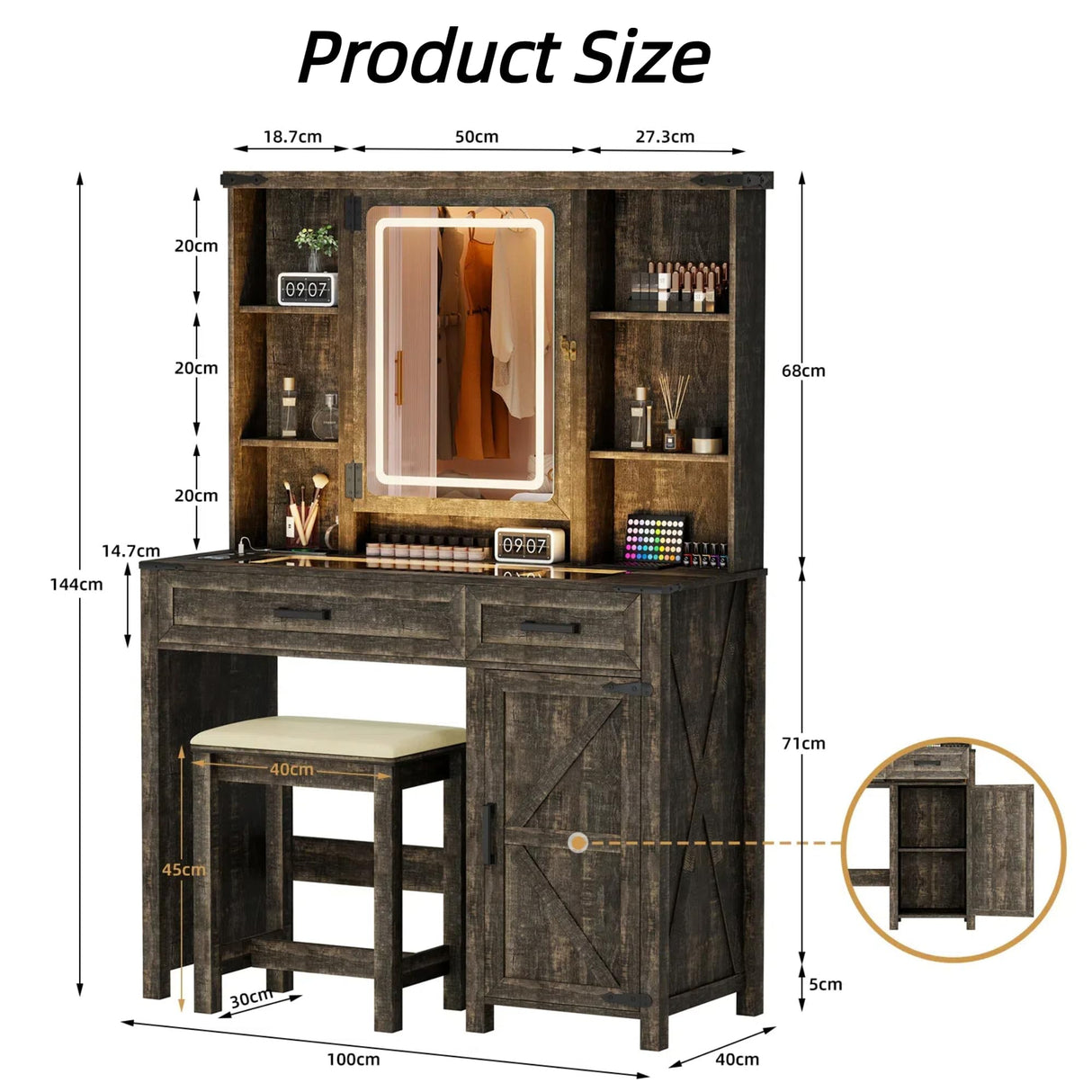 GlasFlength Farmhouse Makeup Vanity with Lighted Mirror,Vanity Desk with Charging Station,Vanity Table with Hidden Jewelry Cabinet,40'' Makeup Table with Glass Tabletop,Stool Included,Vintage Black GlasFlength