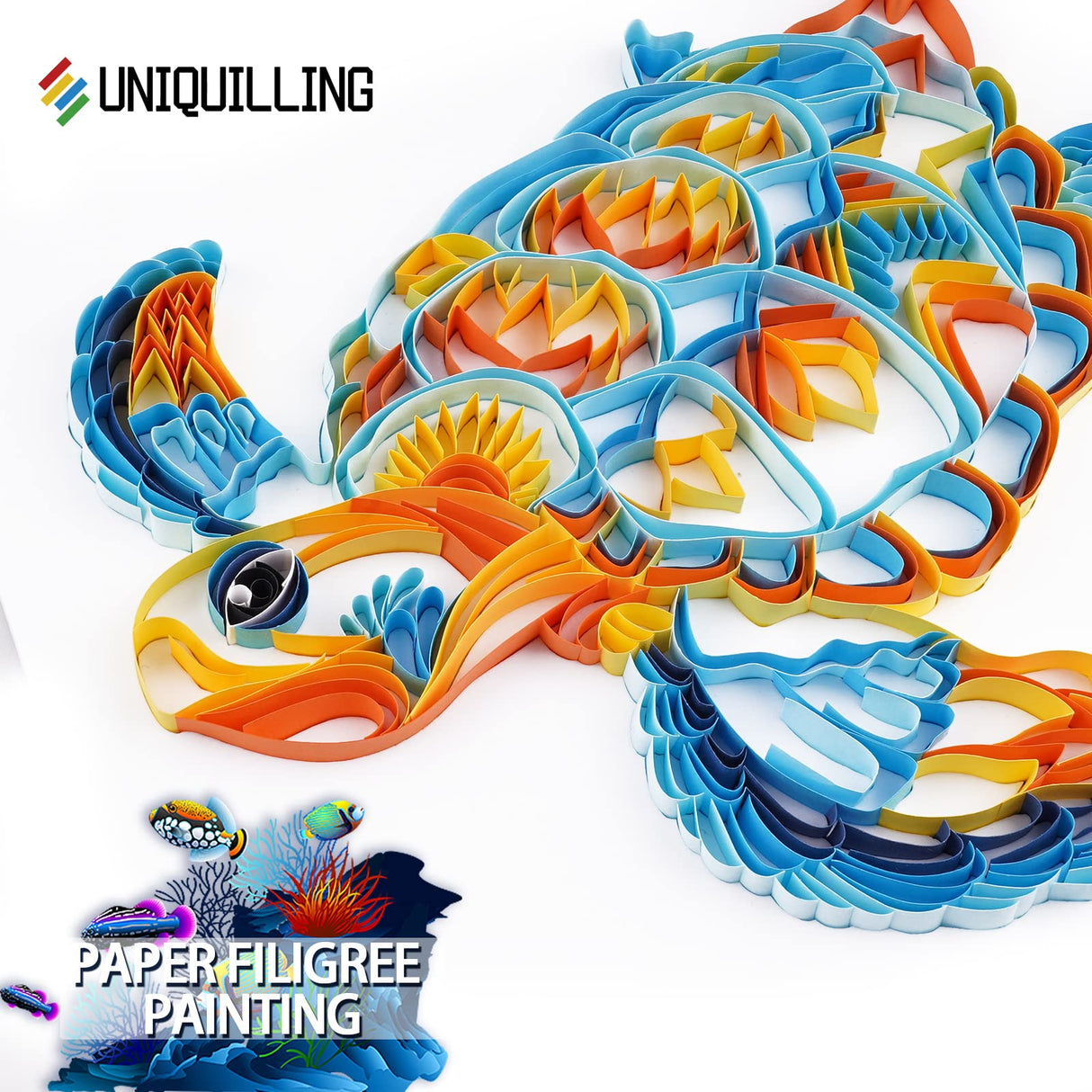 Uniquilling Quilling Kit, Paper Quilling Kits, 8 * 10-in Blue Turtle Paper Filigree Kits with Quilling Tools& Using Manual, DIY Quilling Artwork Modern Wall Art for Living Room Uniquilling