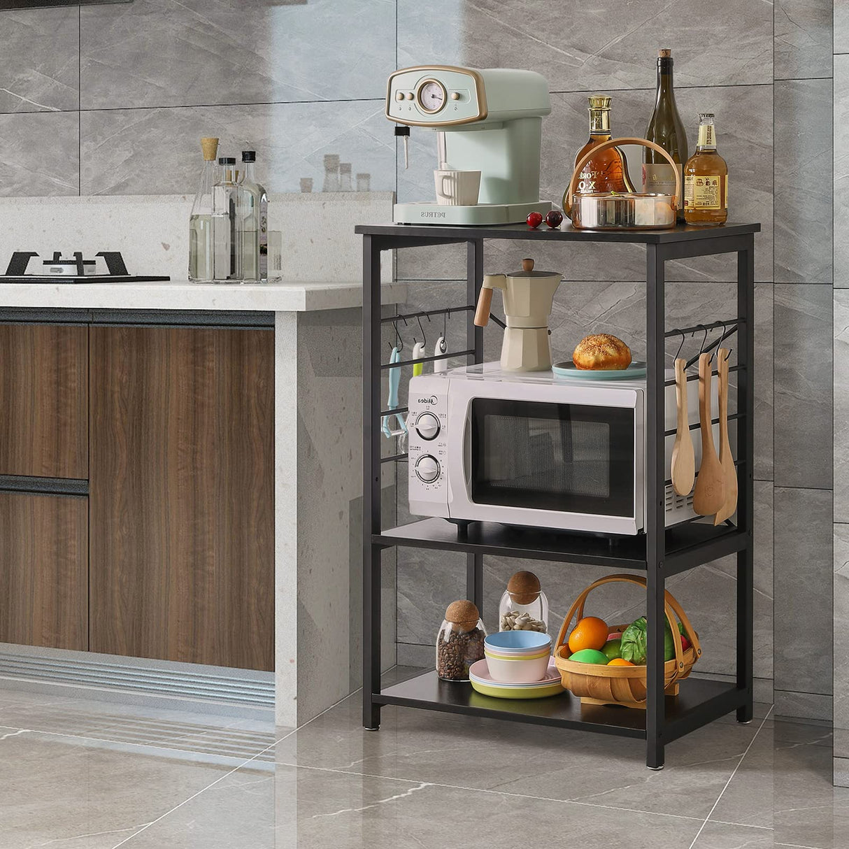 YMYNY Standing Baker's Racks, 3-Tier Microwave Oven Stand with Metal Frame and 6 Hooks, Coffee Bar Table, Storage Shelf Rack for Kitchen and Living Room, Panel Adjustable, Black, UHTMJ022B YMYNY