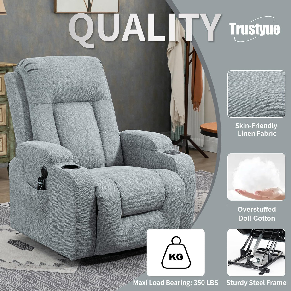 Trustyue 2024 Power Lift Recliner Chair with Heat and Massage for Elderly, Electric Recliner Chairs with Standing Assistance, 2 Cup Holders, 4 Pockets, USB Charge Port, Linen Fabric Teal Gray Trustyue