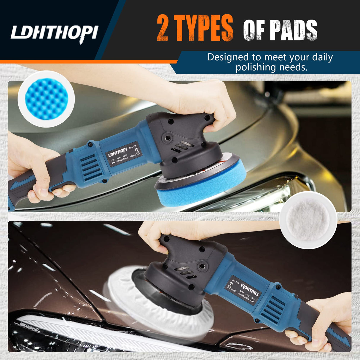 LDHTHOPI Dual Action Polisher, 980W 5/6 Inch Random Orbital Buffer Polisher for Car Detailing, 2800-5800RMP, 6 Variable Speed Buffer Polisher with 8 Detachable Pads LDHTHOPI