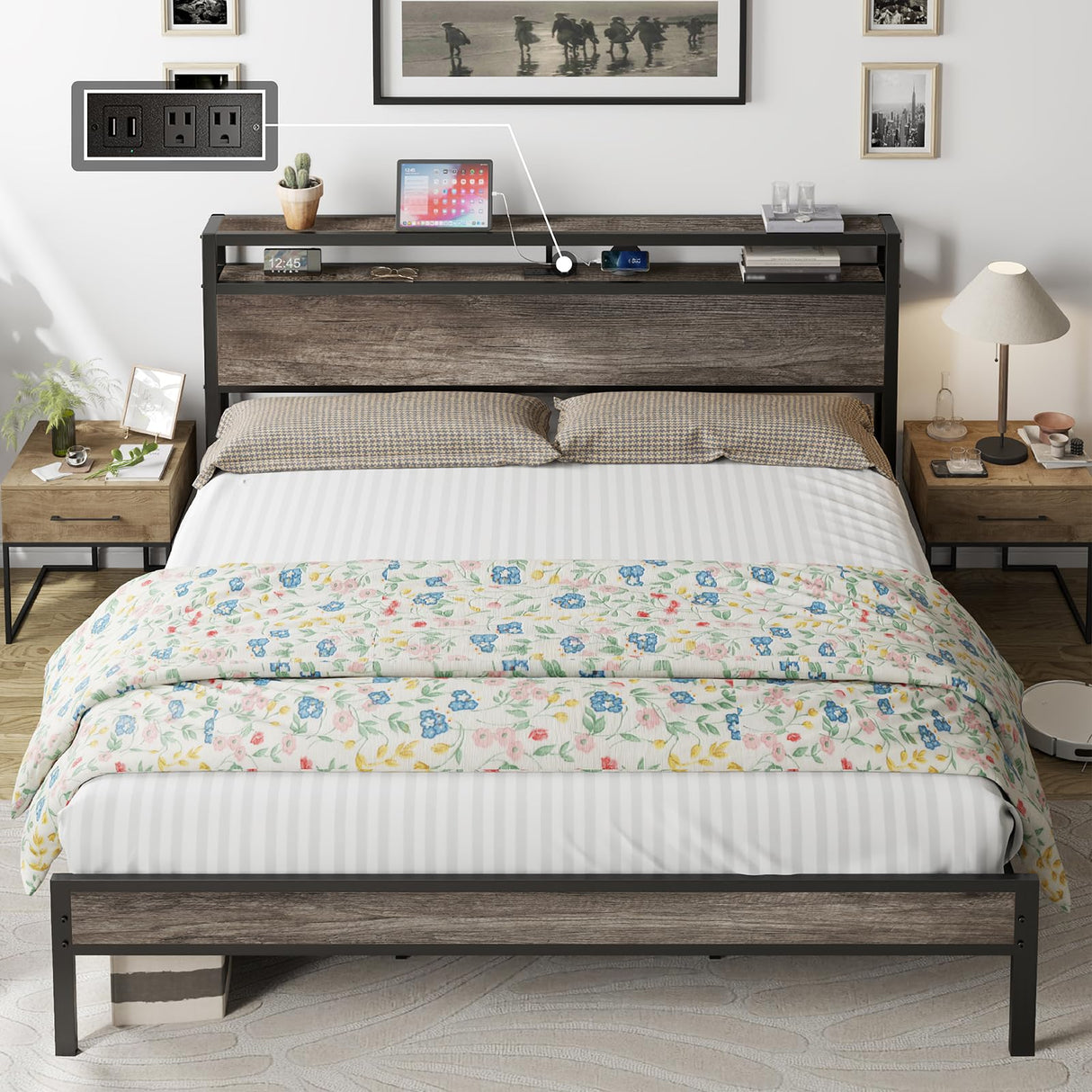 AMERLIFE King Size Industrial Platform Bed with Charging Station and 2-Tier Storage Headboard in Rustic Grey AMERLIFE