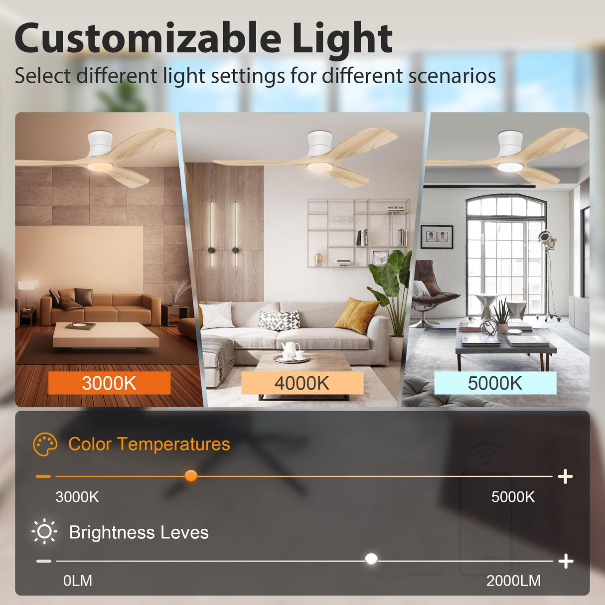 Livory Smart 52” Wood Flush Mount Ceiling Fans with Lights and Remote,Quiet DC Motor,Outdoor Indoor Ultra Low Profile Ceiling Fan works with Alexa WIFI APP,Modern White Ceiling Fan for Bedroom Patio Livory