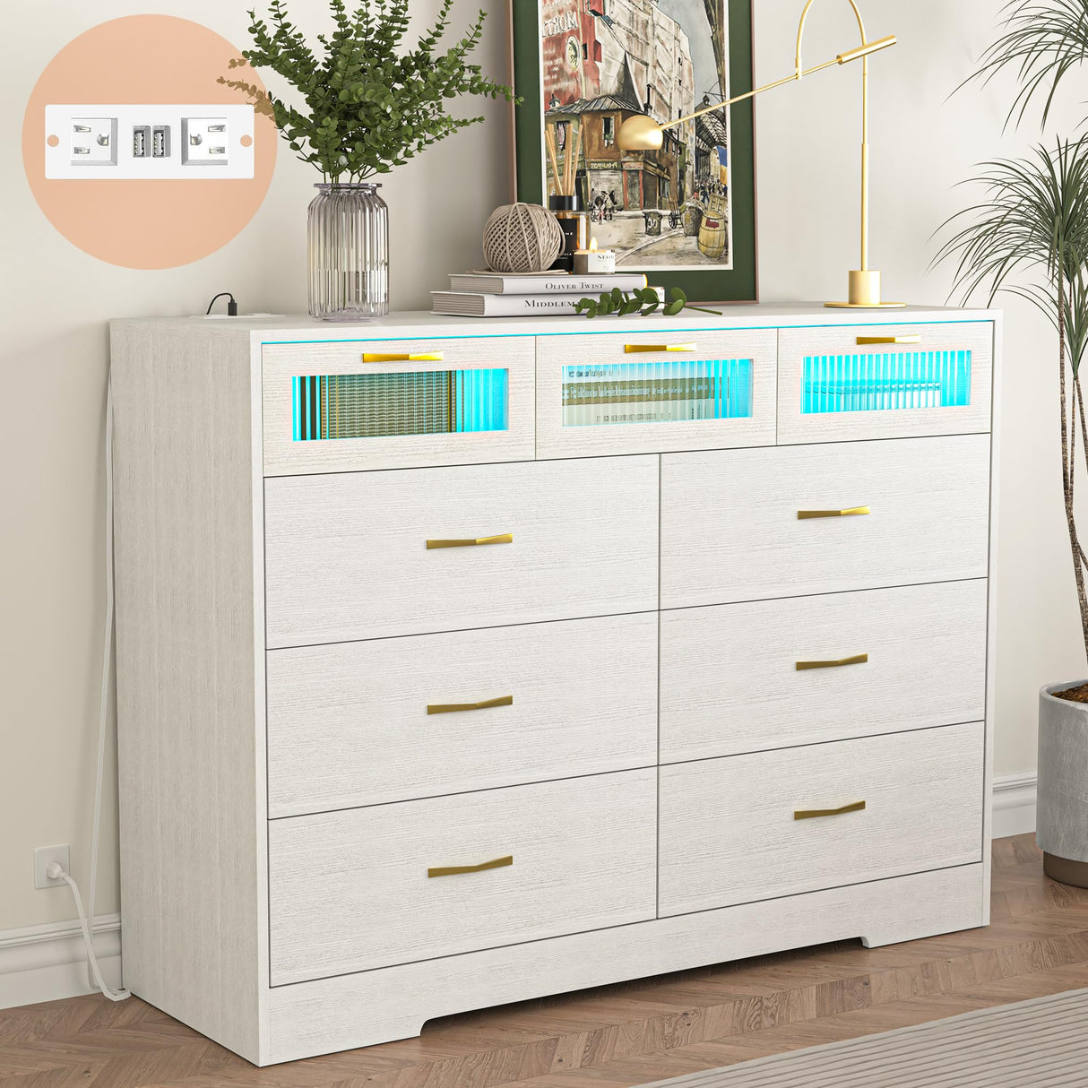 Vibe & Dine 9 Drawer Dresser with LED Lights and Charging Station, Modern Chest of Drawers Closet Organizer, Wood Wide Storage Dresser for Bedroom, Living Room Vibe & Dine