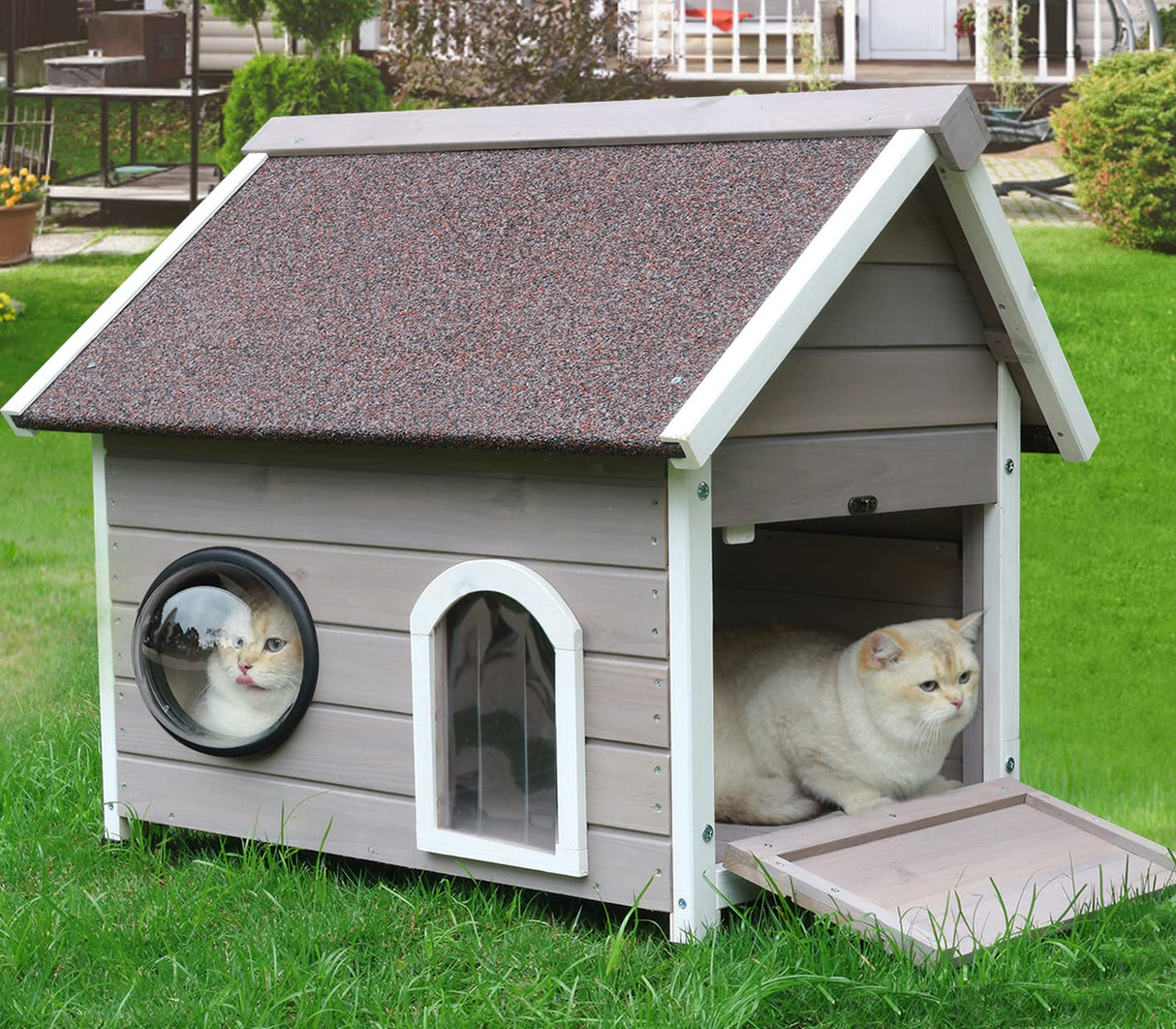 Rockever Outdoor Cat House, Feral Cat House Outdoor Weatherproof with Escape Door and Clear Windows for 2 Cats (Grey Rockever