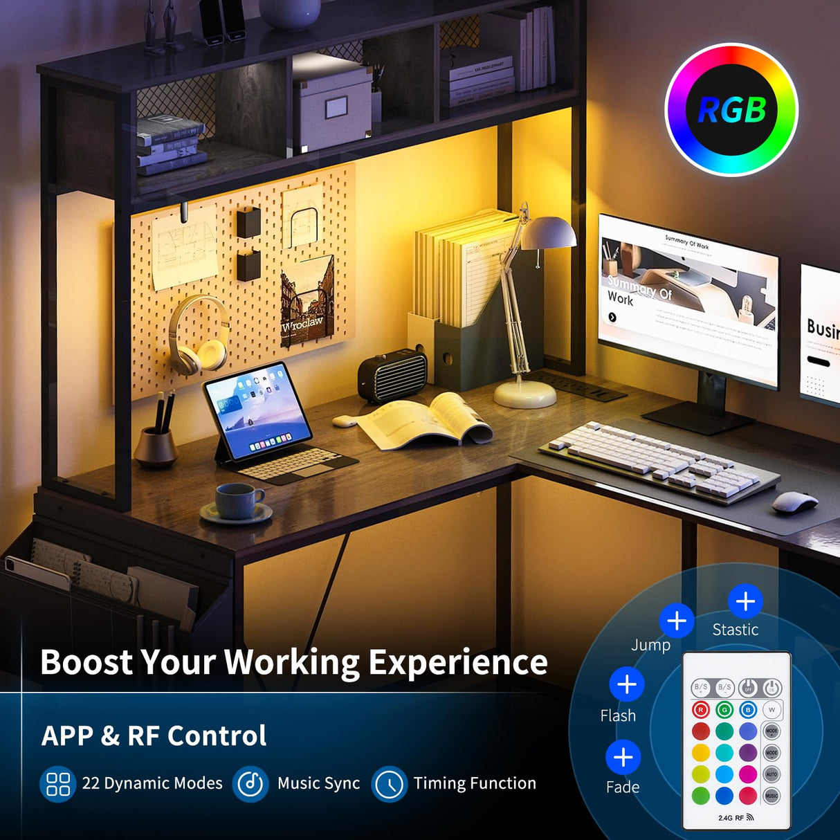 Yoobure L Shaped Desk Gaming Desk with LED Strip & Power Outlet, Reversible L-Shaped Computer Desk with Storage Shelf & Drawer, Corner Desk with Storage Bag, 2 Person Home Office Desk, Gray Yoobure