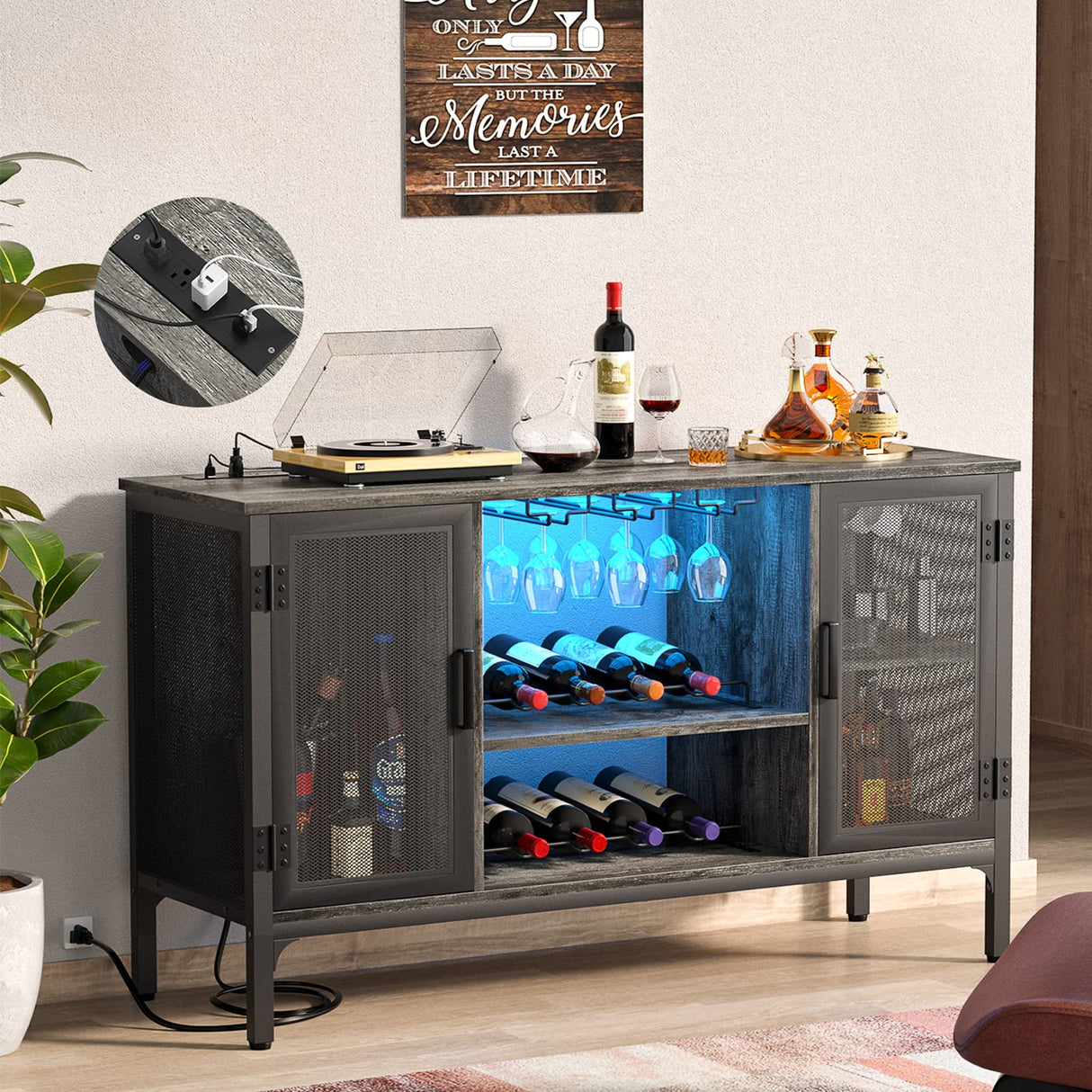 Homieasy Wine Bar Cabinet with Led Lights and Power Outlets, Industrial Coffee Bar Cabinet for Liquor and Glasses, Farmhouse Bar Cabinet with Removable Wine Racks, Black Oak Homieasy