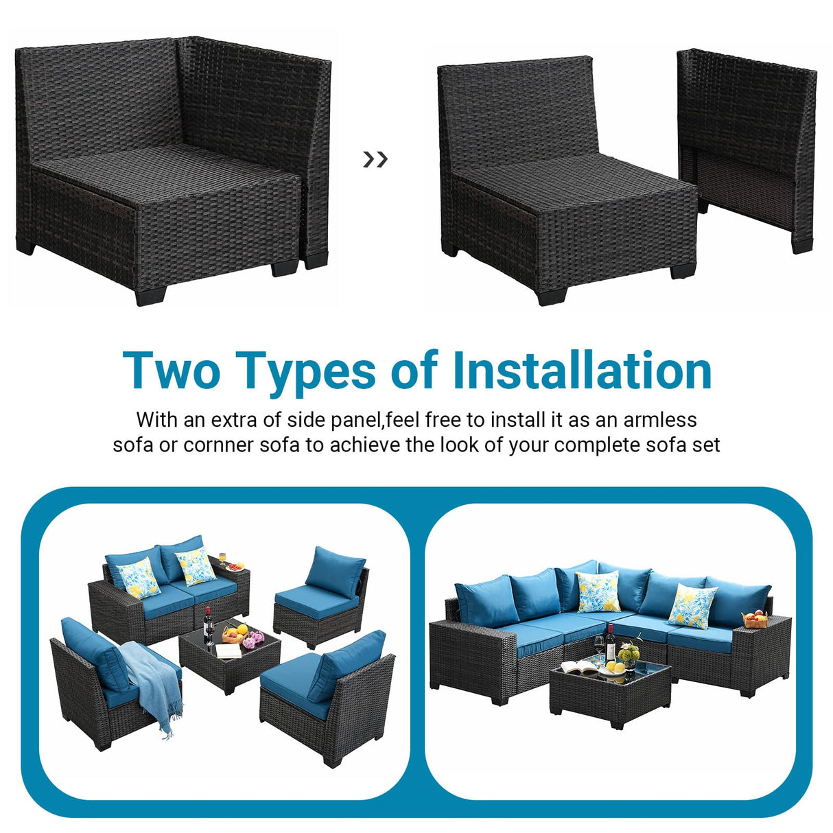 Jing's Villa 6-Piece Patio Furniture Set, All-Weather Outdoor Wicker Sectional Sofa with Cushions,Glass Table & Left and Right Armrest, Rattan Conversation Seating for Porch, Backyard,Peacock Blue Jing's Villa
