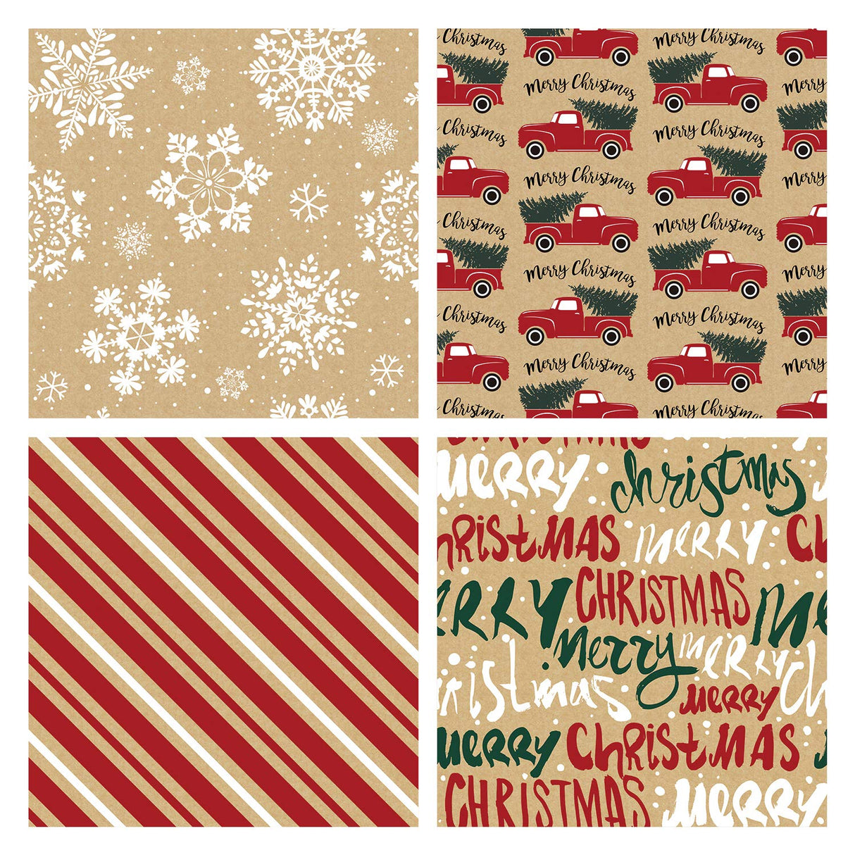 RUSPEPA Wrapping Paper, Kraft Paper - Snowflakes, Car and Christmas Tree, Stripes and Merry Christmas - 4 Rolls - 30 inches x 10 feet per Roll RUSPEPA