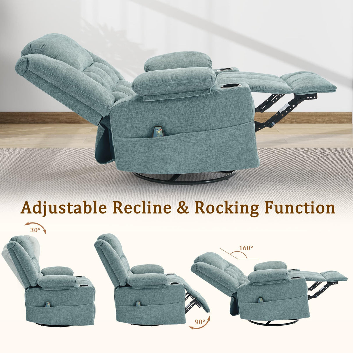 Korser Adult 360° Swivel Rocking Recliner, Baby Room Glider Recliner with Massage and Heating, Rocking Chair with Cup Holder, Living Room and Bedroom Manual Chair (Fabric, Lake Blue) Korser