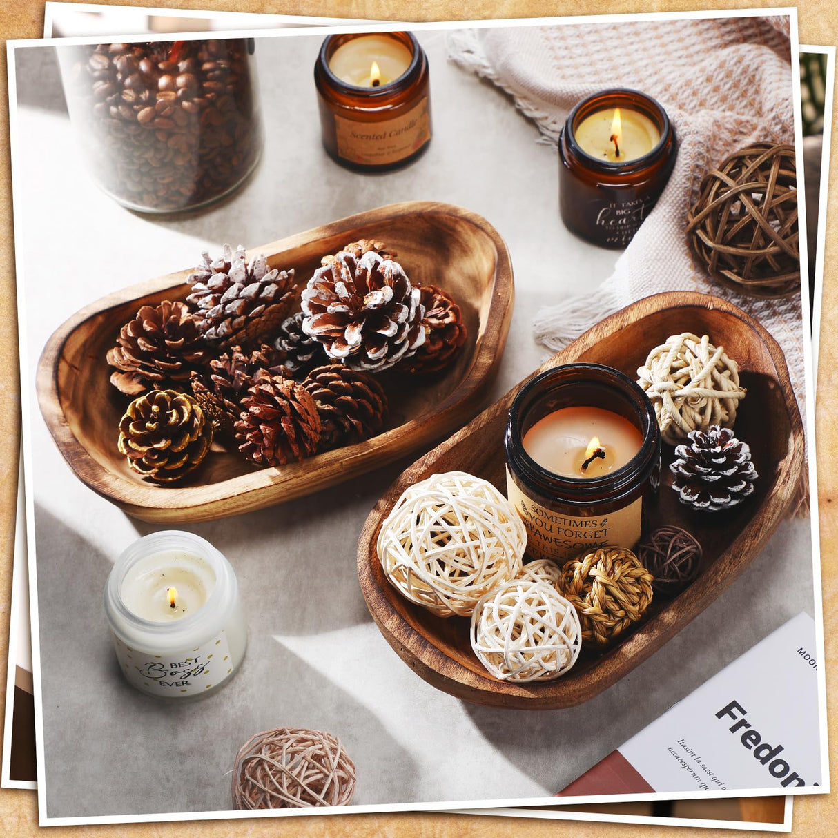 2 Pcs Wooden Dough Bowls for Decor Oblong Decorative Bowl Home Decor Fruit Vessel for Kitchen Counter Rustic Carved Serving Container Long Wooden Bread Tray for Dining Room Table(10 x 6 x 2 Inch) Unittype