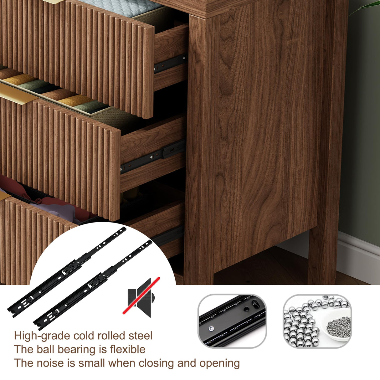 LSKTGA 6 Drawer Dresser for Bedroom, Large Fluted Dresser with Wide Drawers and Golden Handles, Storage Organizer Dresser, Modern Wooden Dresser Chest for Bedroom Living Room, Walnut LSKTGA