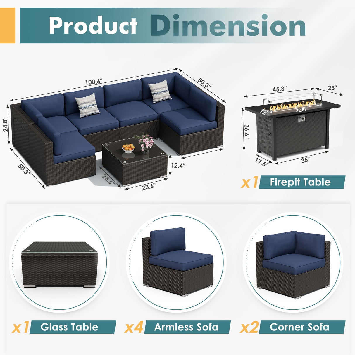 Betterland 8 Piece Outdoor Sectional Sofa Set with Fire Pit Table, Patio Furniture Set, All-Weather PE Black Wicker Patio Conversation Set with Washable Cushion and Glass Table(Dark Blue Cushions) Betterland