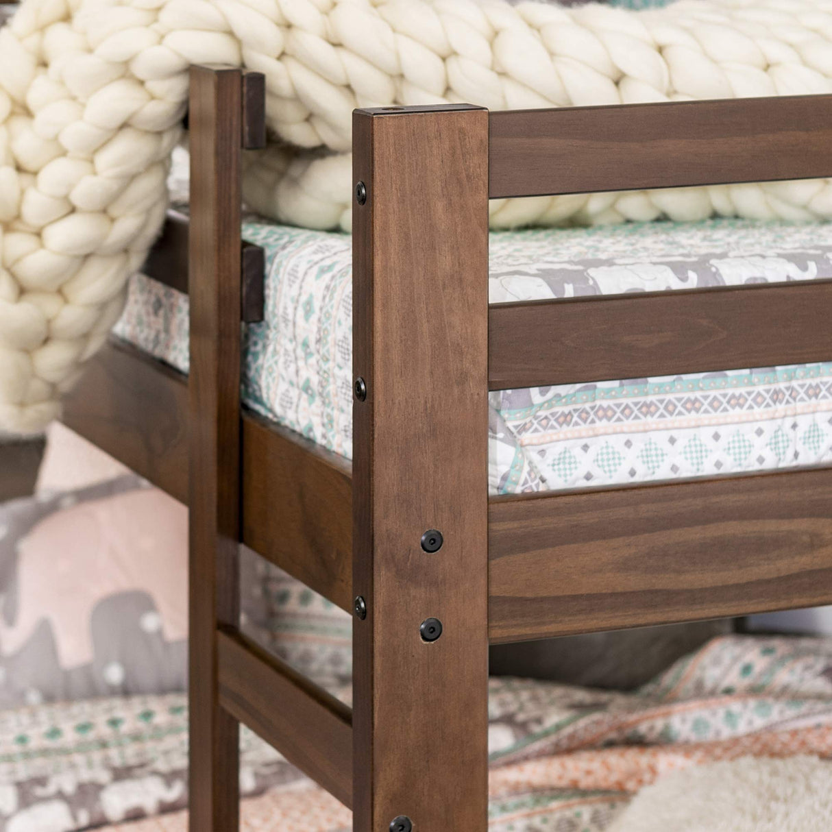 Walker Edison Walnut Solid Wood Twin over Twin Bunk Bed with Integrated Ladder and Guardrails Walker Edison