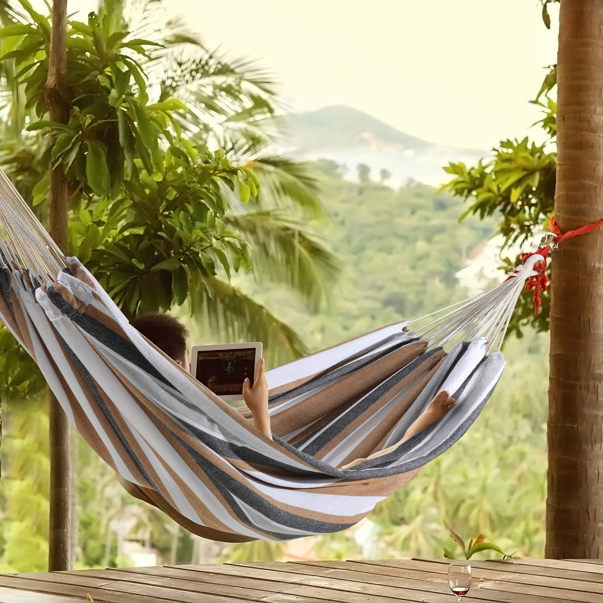 ROOITY Double Hammock Brazilian Hammocks with Portable Carrying Bag,Soft Woven Fabric, Up to 450 Lbs Hanging for Patio,Trees,Garden,Backyard,Porch,Outdoor and Indoor XXX-Large Brown&Grey Stripe ROOITY
