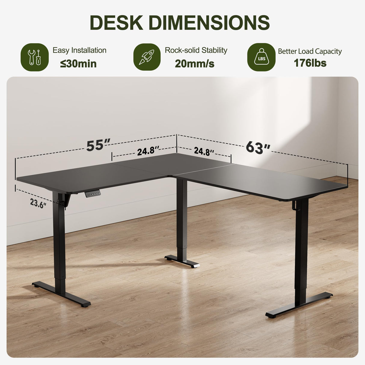 BANTI 63" L Shaped Standing Desk, Adjustable Corner Standing Desk L Shape, L-Shaped Adjustable Desk with Splice Board, L Shape Standing Desk, Black BANTI