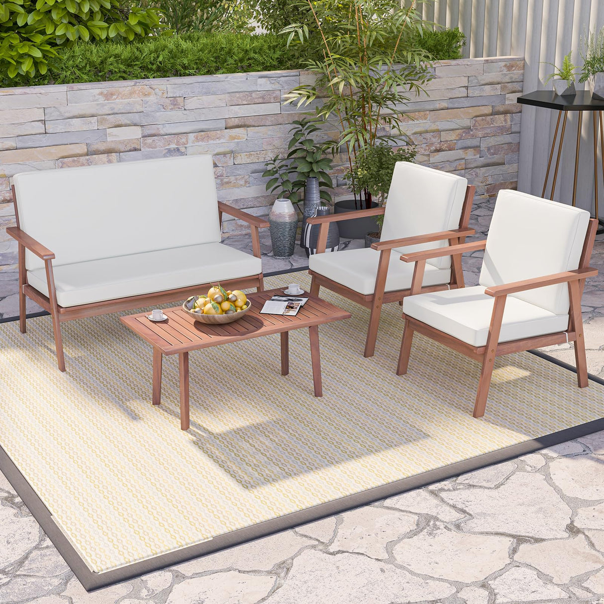 Tangkula 4 Piece Outdoor Conversation Set, Acacia Wood Sofa Set with Soft Seat & Back Cushions, Rectangle Coffee Table Patio Wood Furniture Set for Backyard, Poolside, Garden (1, Off White) Tangkula