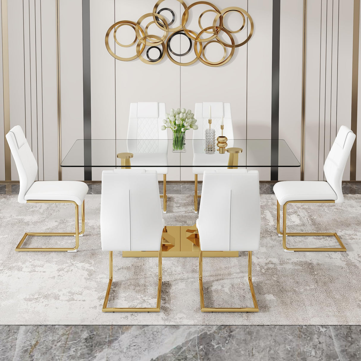 JEARGE Glass Dining Table Set for 6, Modern Kitchen Table Set for 6, 71" Tempered Glass Tabletop with U-Shaped Gold Base, 7 Ppiece Large Dining Room Table Set with White PU Leather Chairs JEARGE