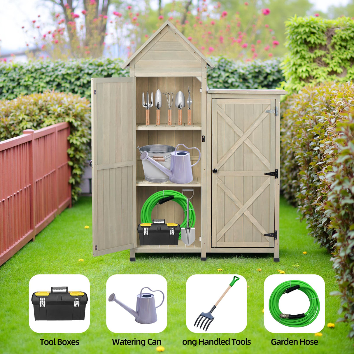 FTCBNet Outdoor Storage Cabinet - Waterproof Metal Roof & Wooden Vertical Design, Tall Garden Tool Shed with Multiple Shelves for Patio, Backyard, Lawn, Yard (Gray, 22" x 46" x 67") FTCBNet