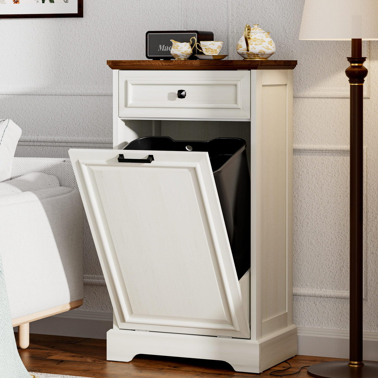 OUTGUAVA 13 Gallon Tilt Out Trash Cabinet Kitchen Waste Bins,50 Quart Laundry Hamper Tilt Out Pet Proof Hidden Trash Bin for Kitchen Living Room, (Antique White and Brown) OUTGUAVA