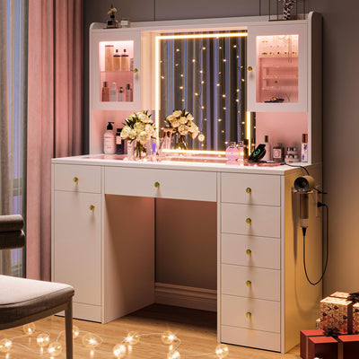 Einhomn Makeup Vanity Desk with Mirror & LED Lights, Large Glass Top Vanity Table with 7 Drawers & 3 Cabinets, Modern Dressing Table with Charging Station & RGB Lights for Bedroom, White