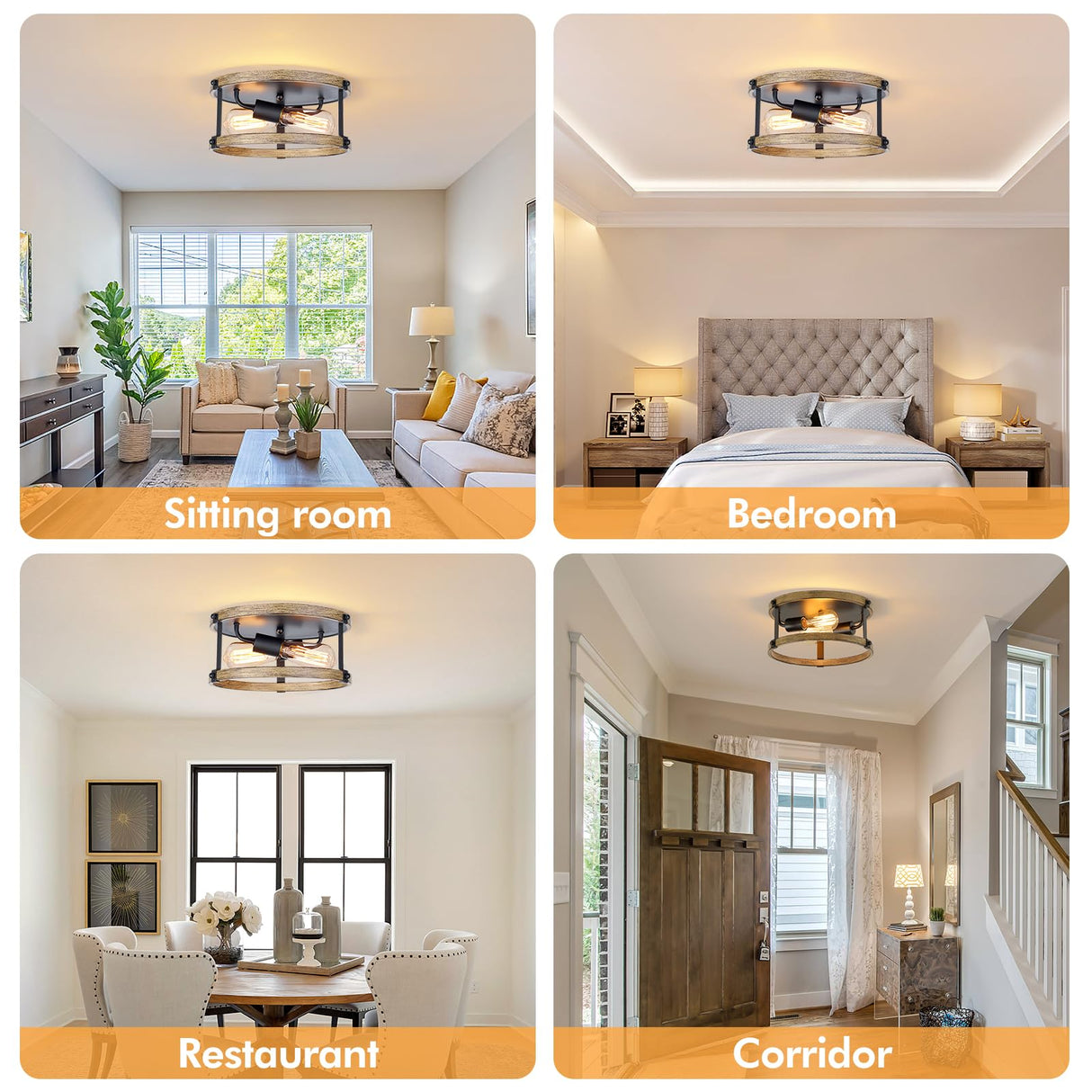 2 Pack Farmhouse Ceiling Light Fixture,E26 Base 2-Light Hallway Ceiling Light Fixtures,Black and Wood Flush Mount Ceiling Light for Kitchen Entryway Porch Etc Closet ZSANZYU