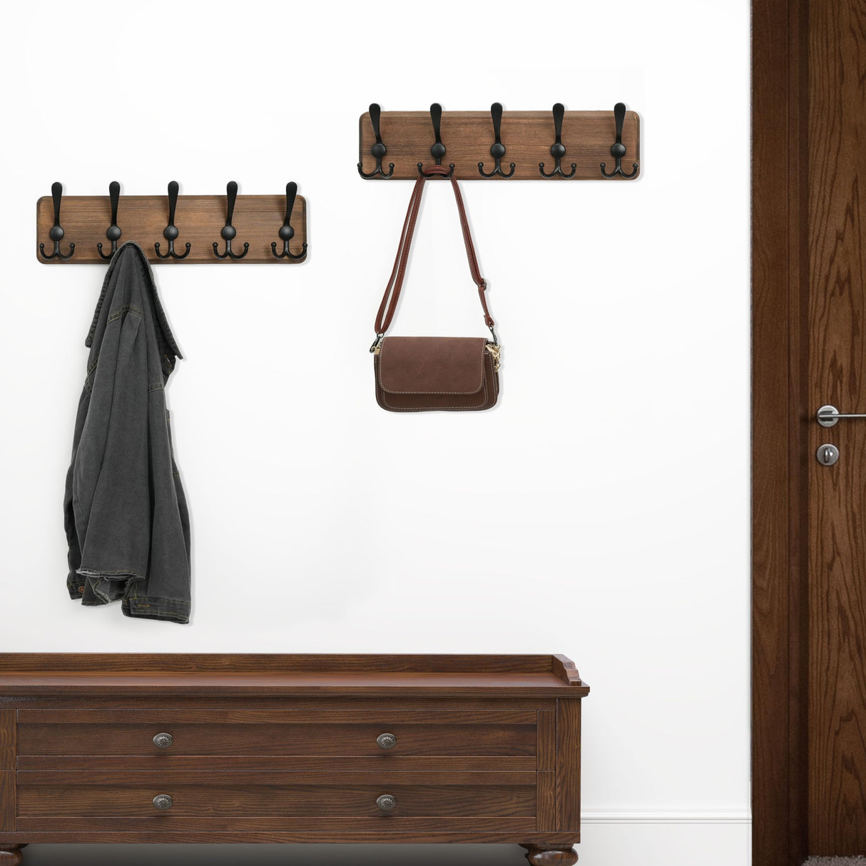 WEBI Rustic Coat Rack Wall Mount,Coat Hooks Wall Mounted,16" Hole to Hole,Wood Coat Hanger Wall,Hook Rack Rail,5 Triple Hooks for Hanging Coats,Jacket,Clothes,Brown WEBI