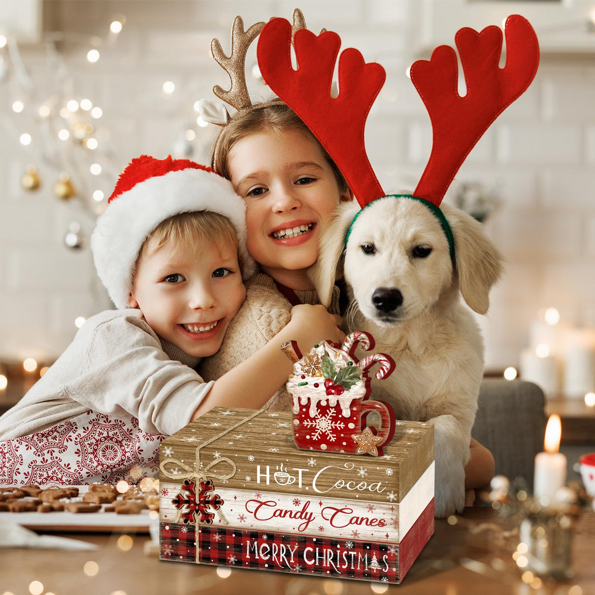 Culudea 4Pcs Christmas Hot Cocoa Table Decoration Farmhouse Holiday Tiered Tray Decor Rustic Merry Christmas Wooden Faux Book Stack Sign Winter Table Centerpiece for Home Office Shelf Mantel Decor Culudea