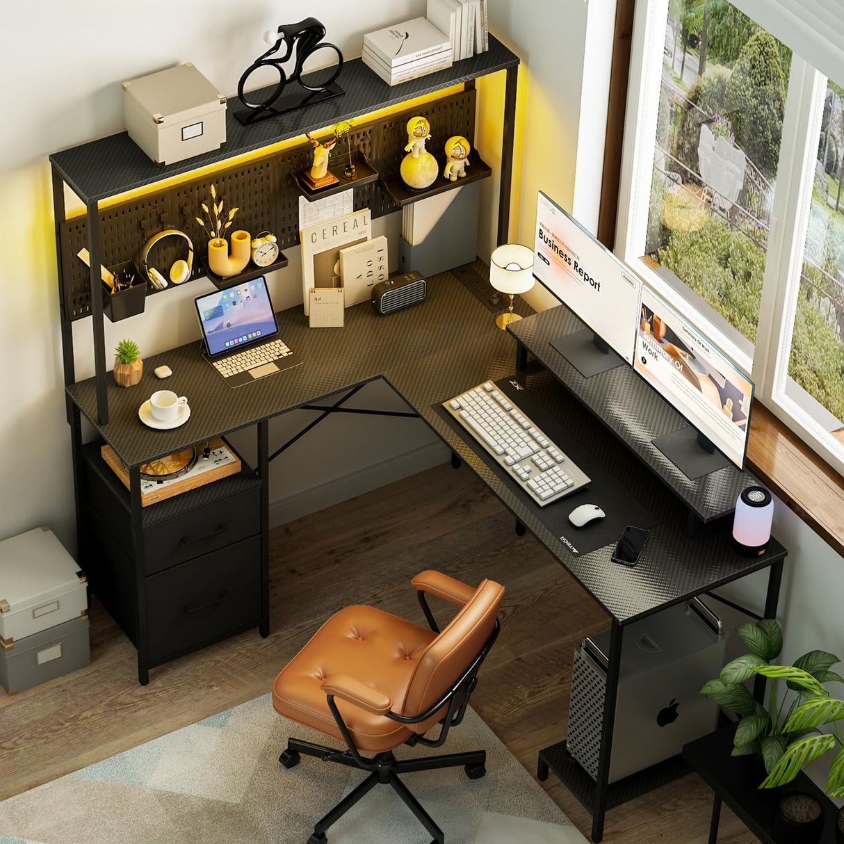 Yoobure L Shaped Desk with Pegboard, Reversible Computer Desk with Drawers & Storage Shelves, Gaming Desk with LED Lights & Power Outlets, Office Desk with Monitor Stand Corner Desk Home Office Desks Yoobure