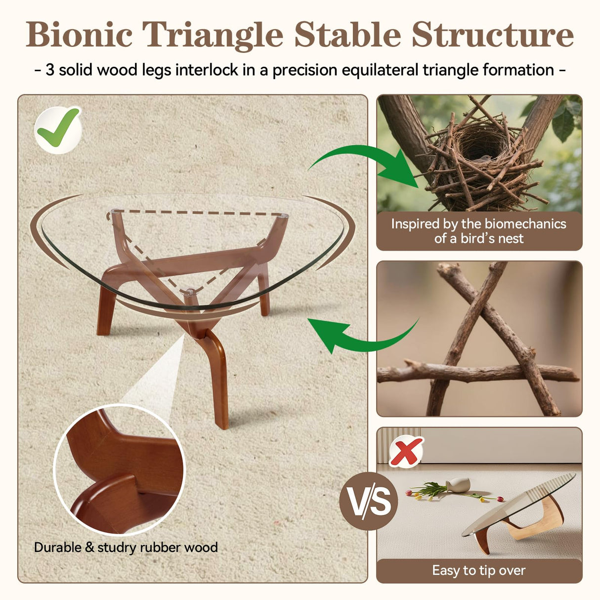 Glass Coffee Tables for Living Room, Triangle Coffee Table with Non-Tip Rubber Wood Base, Morden Tea Table with Tempered Glass Top | Perfect for Homes with Kids/Pets, Office, Apartment (Brown) DUO GE MAO