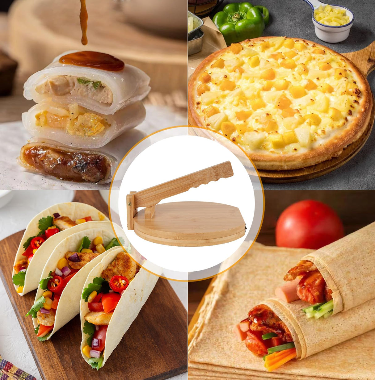 Wooden Tortilla Press 10 Inches with Rolling Pin & 50 Pcs Parchment Paper Mexican Tortillera Presser Homemade Tortillas Roti Pataconera Dough Press Uprony