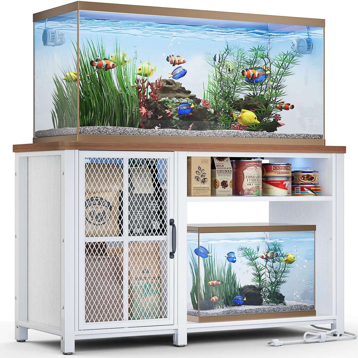 HAIOOU 55-75 Gallon Aquarium Stand with LED Light & Power Outlets, Cross Design Fish Tank Stand Heavy Duty Metal Frame Aquarium Table with Cabinet Storage, Fit for Turtle Tank, 880LBS Loads - White HAIOOU