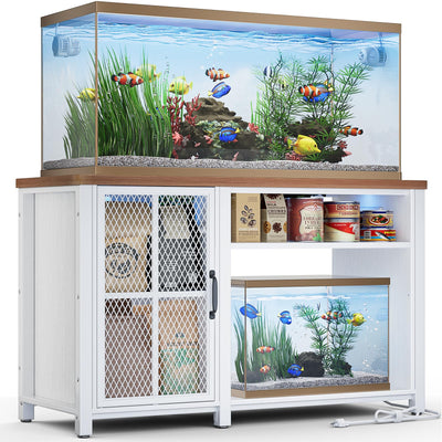 HAIOOU 55-75 Gallon Aquarium Stand with LED Light & Power Outlets, Cross Design Fish Tank Stand Heavy Duty Metal Frame Aquarium Table with Cabinet Storage, Fit for Turtle Tank, 880LBS Loads - White