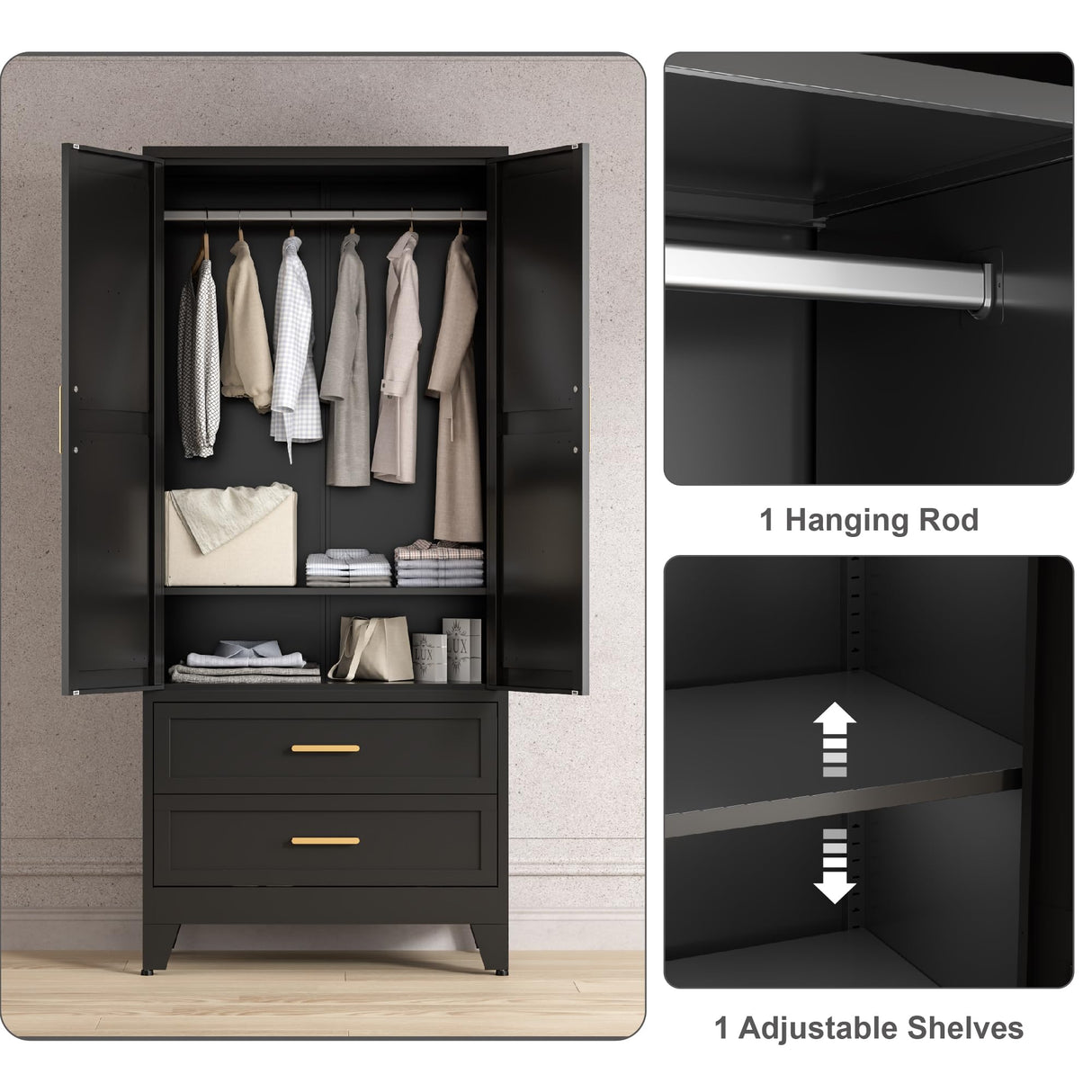 Washsemba 71'' Farmhouse Metal Wardrobe Cabinet with Hanging Rod, 2 Barn Door Wardrobe Closet with Adjustable Shelves,2 Drawer,for Dining Room,Bedroom,Living Room, Cloak Room,Office (Black) Washsemba