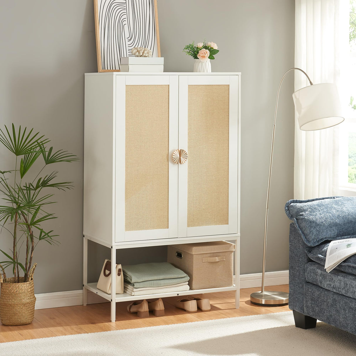 MtuxuYR Natural Rattan Wardrobe Closet,Elegant Handle Bedroom Armoire with Aluminum Hanging Rod,Wooden Freestanding Wardrobe Armoires with 2 Doors for Apartment Office(White) MtuxuYR