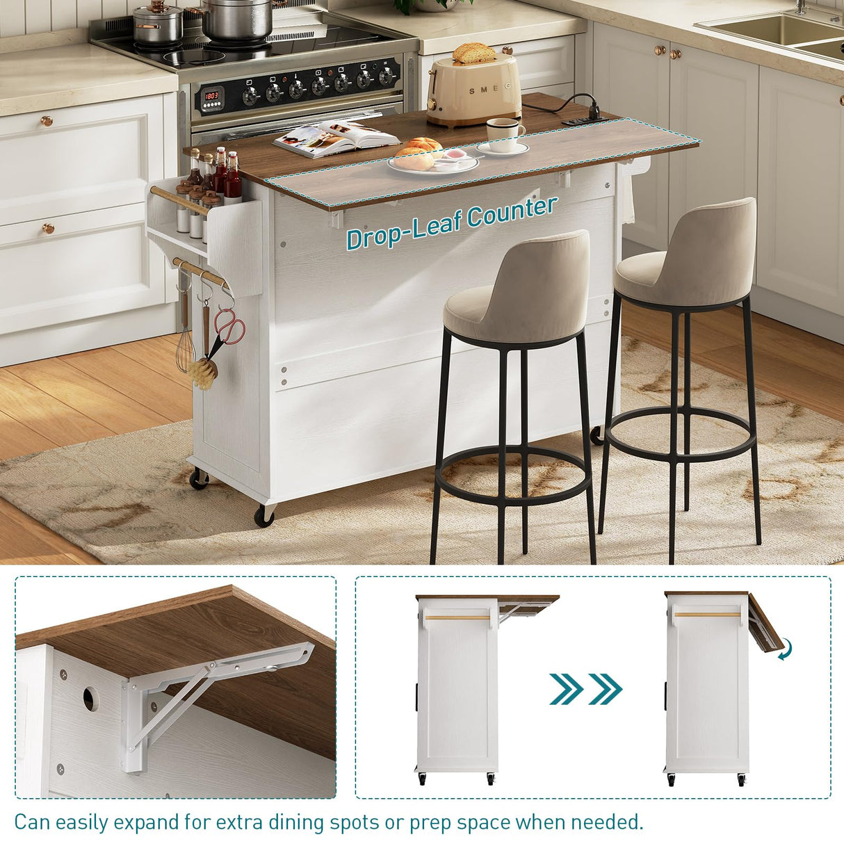 RALGEND Kitchen Island with Drop Leaf, Kitchen Cart with Charging Station, Kitchen Table with Storage, Rolling Island Table with 3 Drawers, Towel Rack and Spice Rack, White and Walnut RALGEND