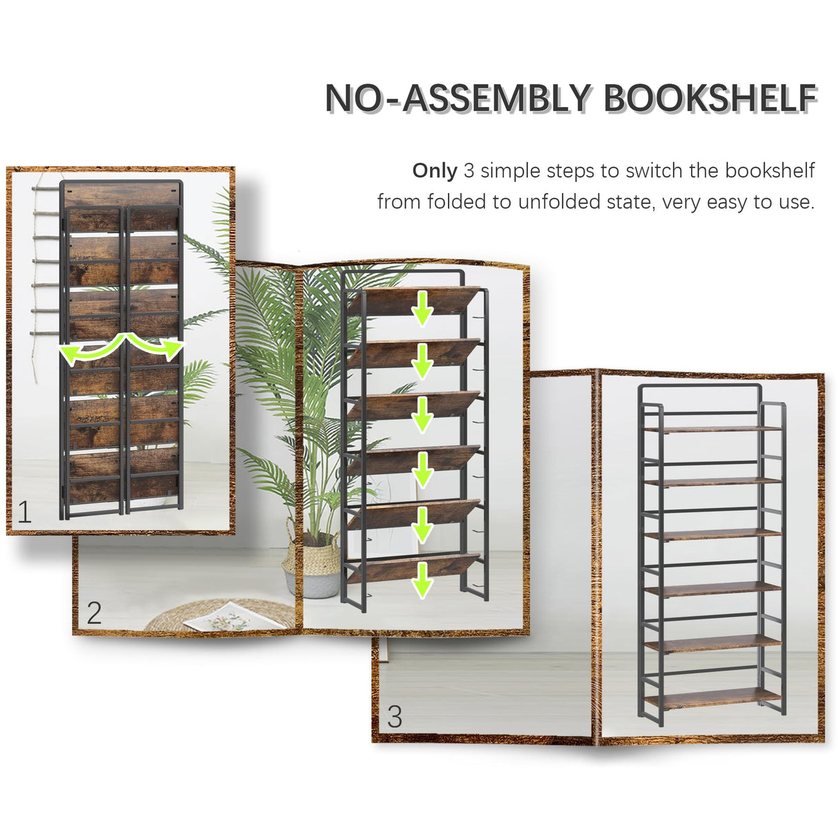 4NM No-Assembly 6 Tiers Folding Bookshelf Storage Shelves Vintage Bookcase Standing Racks Study Organizer Home Office (Rustic Brown and Black) 4NM