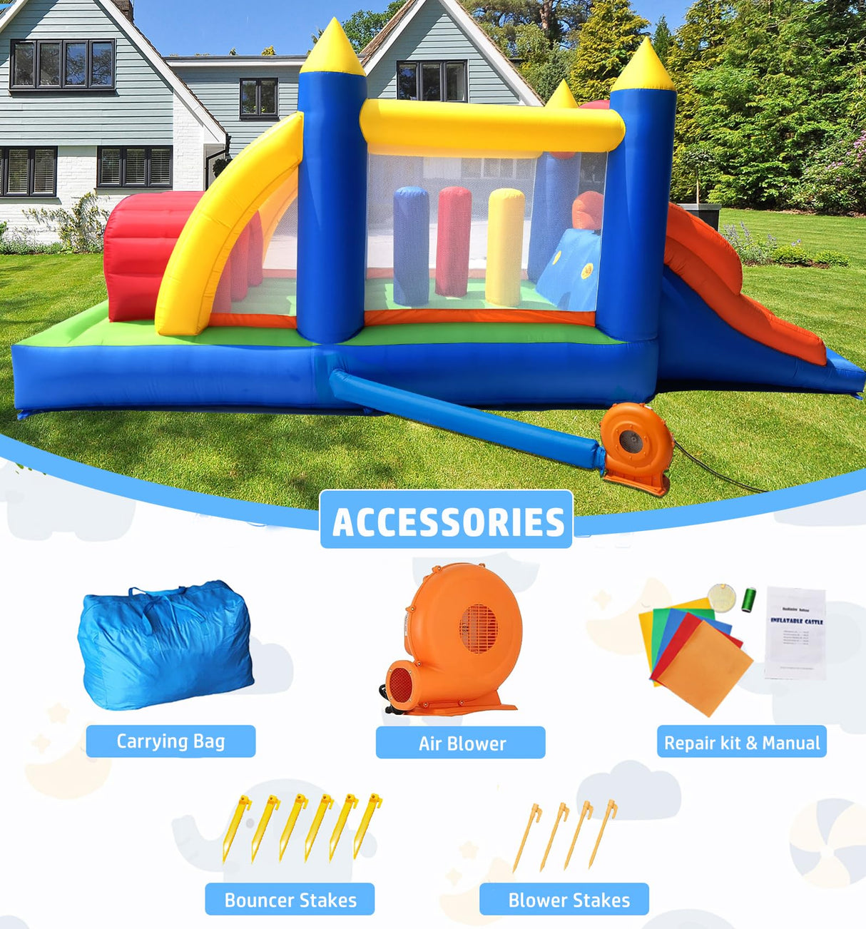 HuaKastro 16.3x7.2FT Kids Inflatable Obstacle Bounce House with Dual Racing Slides, Crawl Tunnels, Climbing, Obstacles, Jumping All in One Castle Great for Children's Outdoor Party - with Blower HuaKastro
