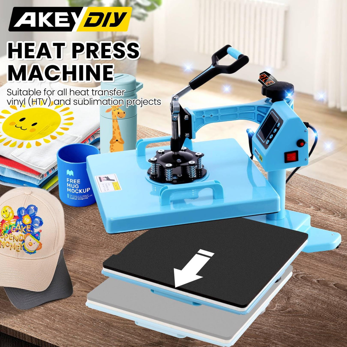 AKEYDIY Heat Press 15x15 inch 8 in 1 Slide Out Tshirt Press Machine with 30OZ Tumbler Attachment Sublimation Machine Digital Printing Transfer Heat Press Machine for T-Shirts Mugs Caps Plates,1400W AKEYDIY