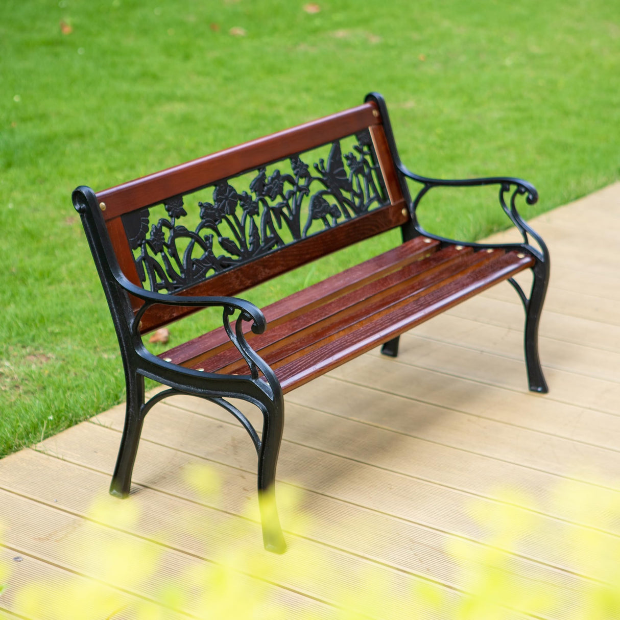 Sophia & William Outdoor Kids Bench Patio Mini Sized Garden Bench with Wooden Seat and Cast Iron Backrest for Porch, Lawn, Backyard and Indoor Sophia & William